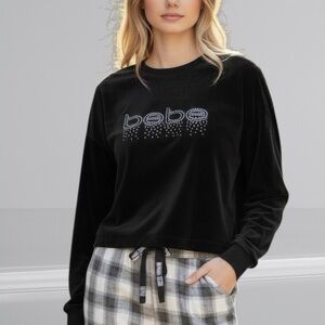 BEBE Black Velour Pajama Top Long Sleeve Rhinestone Logo